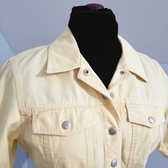 Susan Bristol Half Sleeve Snap Front Embroidered Yellow Denim Crop Jean Jacket - Picture 7 of 11